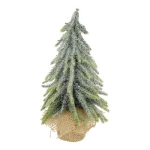 Fenyőfa mű dekoráció, deres ágakkal zsákban