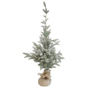 Fenyőfa mű dekoráció, havas ágakkal zsákban