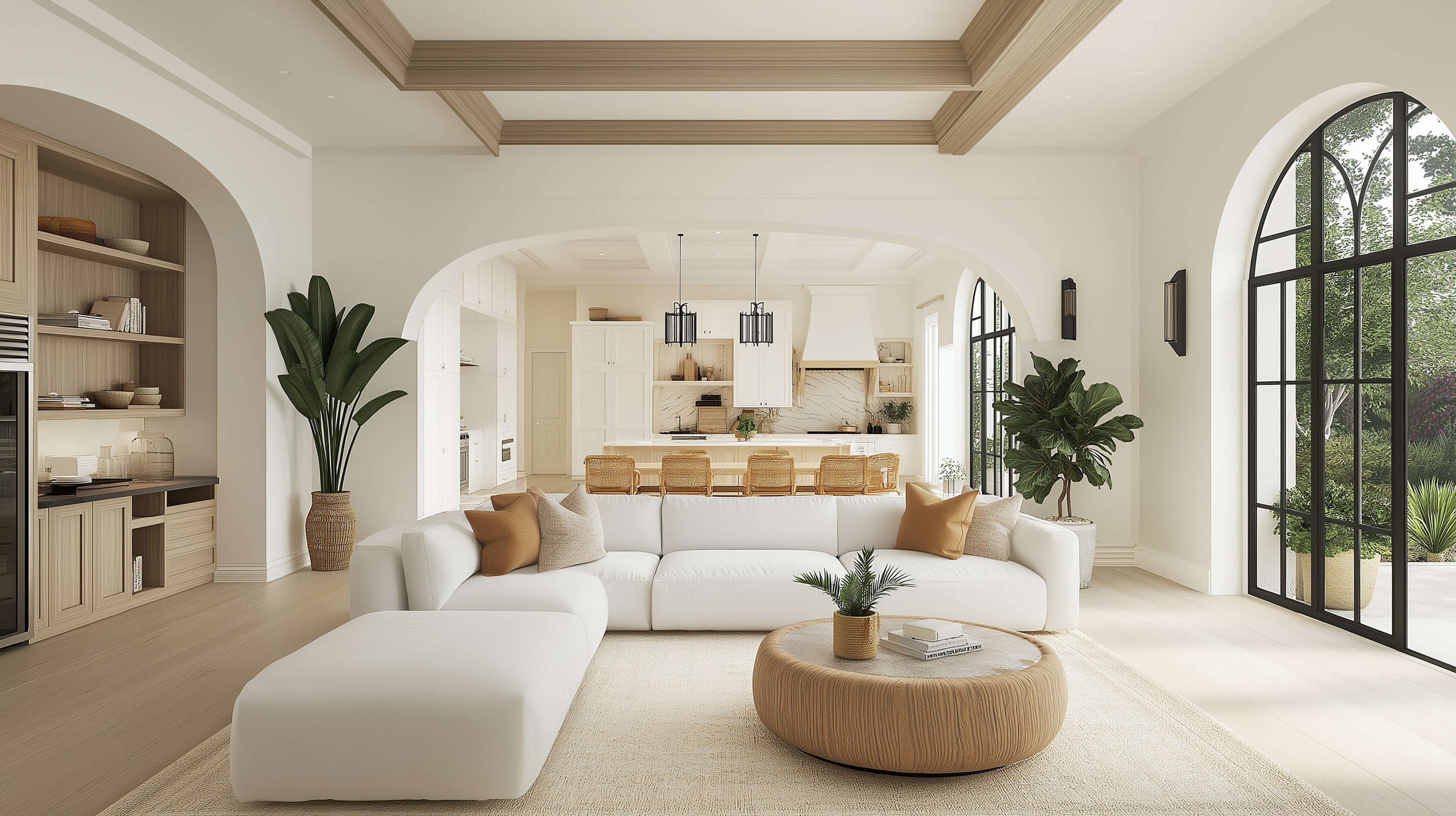 Modern and spacious living room featuring a white sofa, large windows, and an open plan design that seamlessly connects to the kitchen