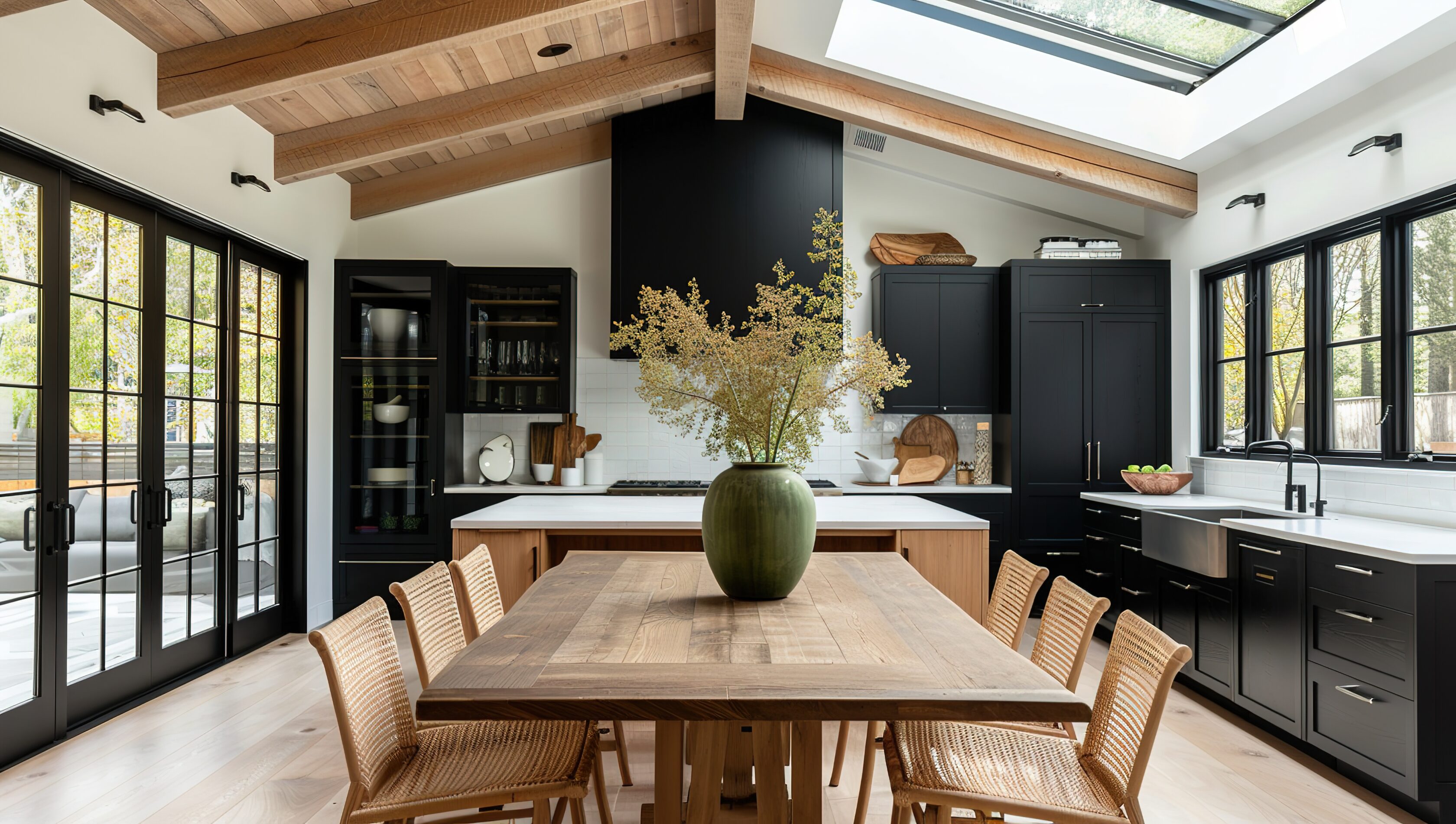 Modern farmhouse kitchen with large island, white oak ceiling beams and skylights, featuring black cabinets and wall-mounted black stovetop and oven.